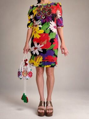 See by Chloé Silk Cotton Floral Embellished Shift Dress | US 8 / EU 42